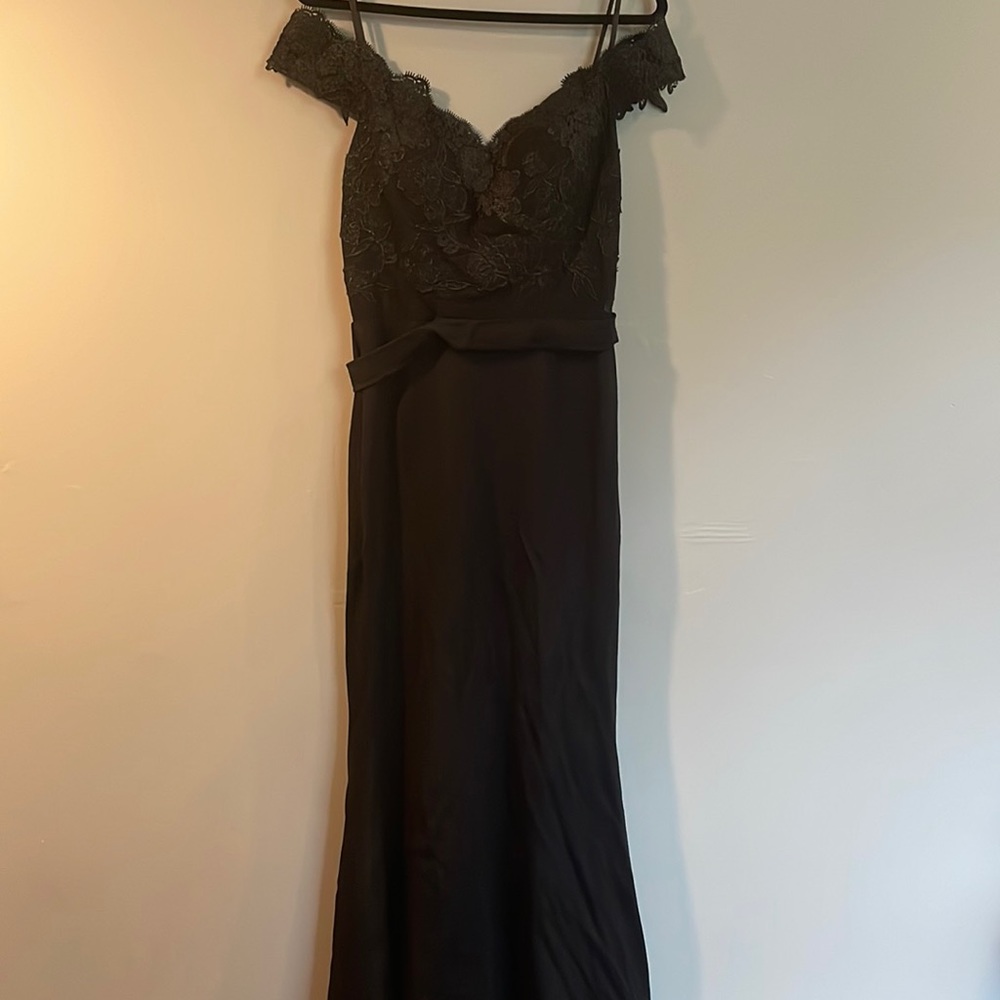 Formal black lace off the shoulders black dress with train